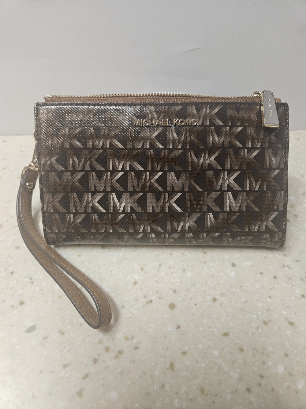 Michael Kors Brown Logo Double Zip Wristlet